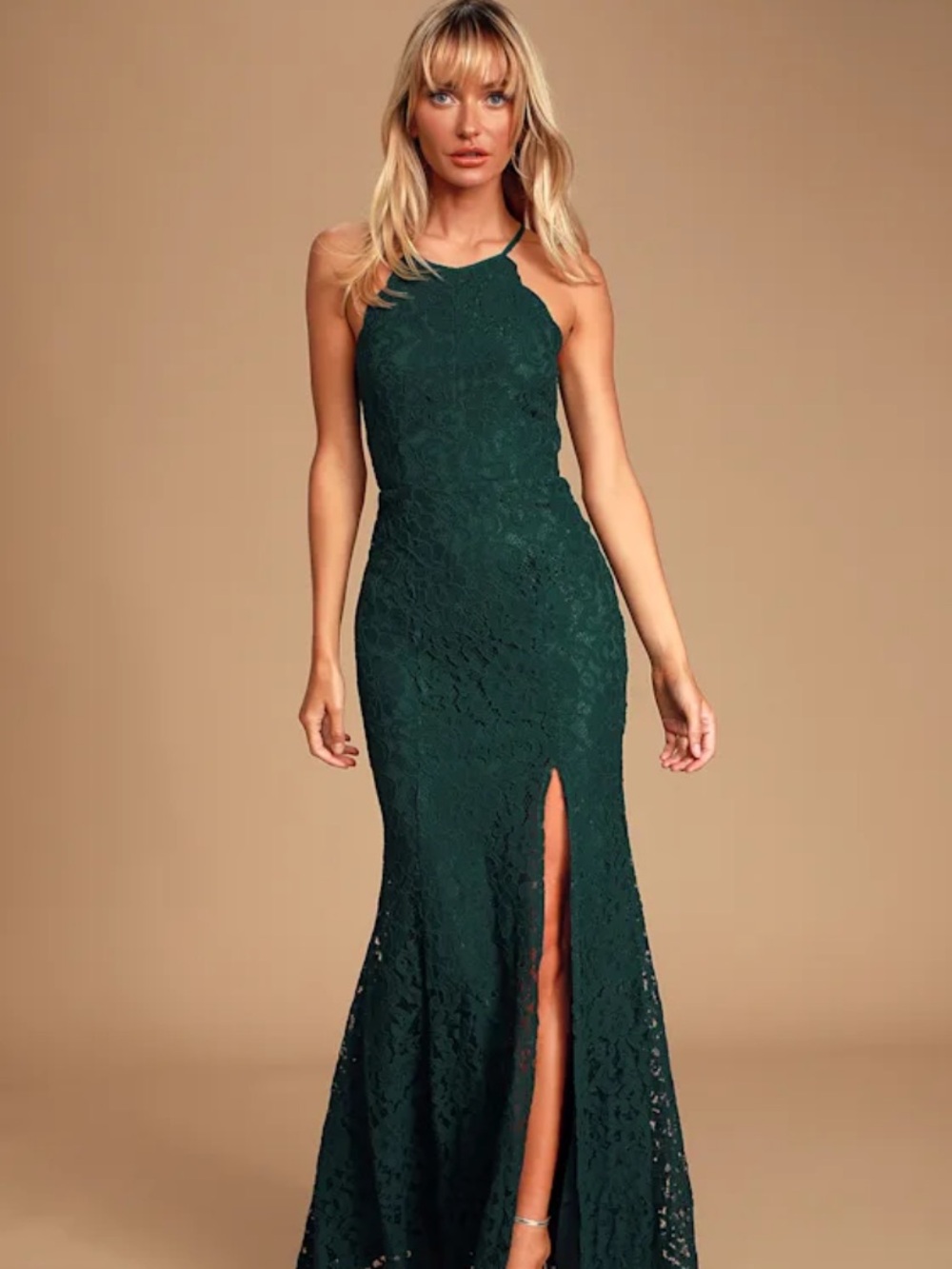 Lulu's Splendor of Love Emerald Green Lace Maxi Dress - With Front Slit - Medium